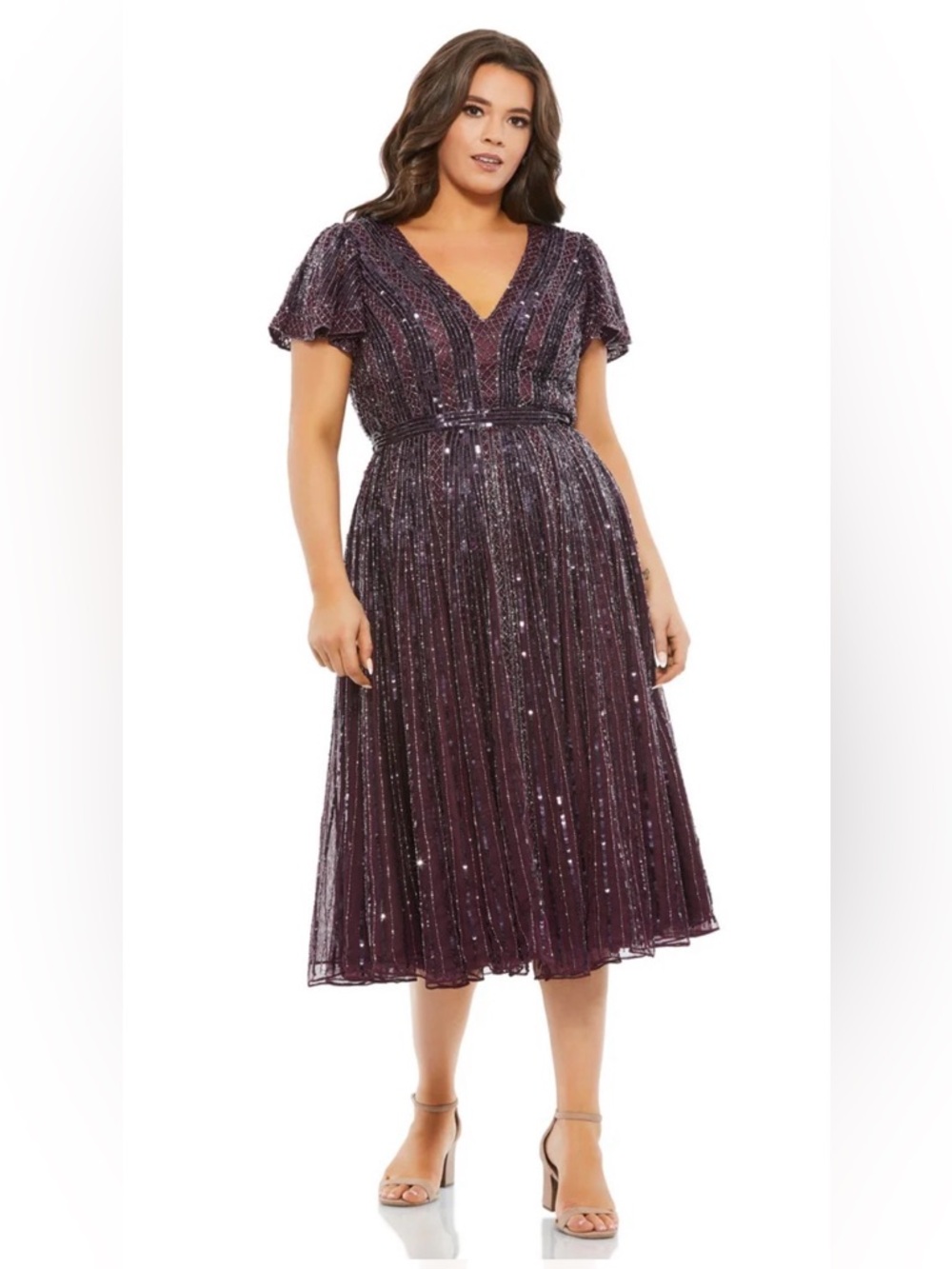 MAC DUGGAL FABULOUSS 5522CL DRESS Elegant Plum Sequin V-Neck Midi Dress Sz 14W